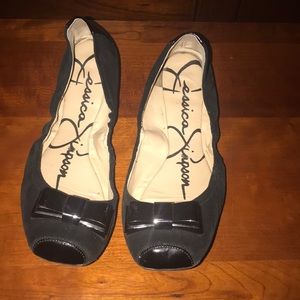 Black velvet flats with shiny pewter bow.